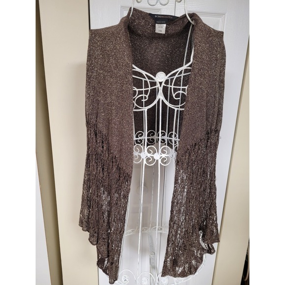 BCBGMaxAzria Sweaters - BCBG MAXAZRIA Bronze Metallic Knit Peasant Shrug Open Front Crochet Drape 1 Size
